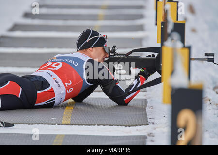 Lenzerheide, Schweiz, 31. März 2018. Thomas Arregger während der Männer Sprint Wettbewerb im Schweizer Biathlon Meisterschaften Stockfoto