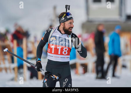 Lenzerheide, Schweiz, 31. März 2018. Benjamin Weger während der Männer Sprint Wettbewerb im Schweizer Biathlon Meisterschaften Stockfoto