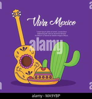 Viva Mexico Design mit Gitarre und Mexican Hat über lila Hintergrund, farbenfrohen Design. Vector Illustration Stock Vektor