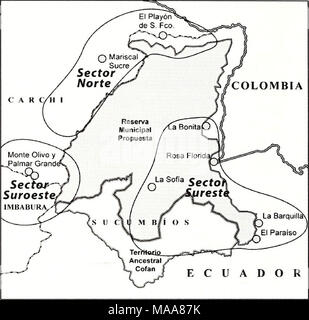 . Ecuador: Cabeceras Cofanes-Chingual. (Anthropologen, ökologen, die Lehrer und Führer der Cofan Nation). Die sozialen Bestand hatte mehrere Ziele, darunter (1) Die wichtigsten soziokulturellen Ressourcen und Möglichkeiten in der Umgebung zu analysieren; (2) Um zu erfahren, wie der natürlichen Ressourcen in der Inventarisierten Fläche verwendet wird; (3) mögliche Gefahren für die menschliche Bevölkerung und Ökosysteme zu bestimmen, und (4) die Gemeinschaften über die Aktivitäten des biologischen Team im Sampling Sites zu informieren. Wir besuchten 22 Gemeinschaften, die auf der Grundlage der wie gut sie die gesellschaftlichen Muster in der Region und für t dargestellt Stockfoto