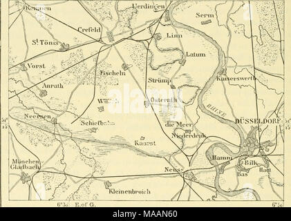 . Die Erde und ihre Bewohner. . 6° 3 o! E. ofG. 5 Meilen. Mund der Lippe. Es ist eine sehr alte Stadt, mit Giebelhäuser und eine alte gotische Kirche, wachsende eine Fülle von Obst und Gemüse in den Gärten, die es umgeben. Wesel verteidigt die niederländischen Grenzen Deutschlands, und seine Werke wurden vor Kurzem ergänzt. Eine dauerhafte Brücke, nicht weniger als 6.285 Fuß in der Länge, einschließlich seiner Ansätze, hier überquert den Rhein. Xaiiten (3,292 Einwohner), einem verfallenen Stadt, und Emmerich (8,107 Einwohner), sind die letzten deutschen Städten durch die Hochwasser des Rheins gewaschen. Auf einer Terrasse im Westen der Letzteren Stockfoto