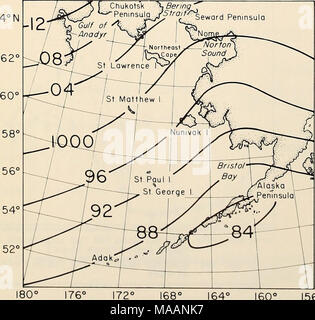 . Die östliche Beringmeer Regal: Ozeanographie und Ressourcen/bearbeitet von Donald W. Haube und John A. Calder. 160° ICH 56° W Abbildung 2-8. Ein häufig vorkommender Sommer Wetter Typ, von Barry (1978). Abbildung 2-9. Häufigkeit der Niederdruck-Systeme pro Monat für den nördlichen und südlichen Beringmeer. CLOUD STRASSEN Die advektion von Kaltluft nach Süden aus dem Norden und Nordosten Bering Meer im Winter produziert ideale Voraussetzungen für den konvektiven Wolke Entwicklung über den relativ warmen Gewässern im Süden. Die Luft ist nahezu ungestört, wie es fließt südwärts über das Eis und die eisgrenze bildet eine scharfe Linie von Stockfoto