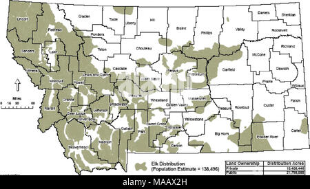 . Chronic Wasting Disease Management Plan für sich Reichen widllife in Montana. Elk Verteilung (Bevölkerung Schätzung = 13B.496) H&gt;? pmJ niJ Iff Nu-bruls-Dli/Beihilfe 11 â Â"¢â.!^ lihrn feriLHiiufnin-IU-t Hataii. HI Lsr: OM-Jshh D j: rlDj: Lon-cr-ss Flv?.:? ic..^^s s PJDlt:. r $ 4.4S = Trlba.::. e "-3 | J | M. erh. MT Elk feed auf einer Kombination von Gras und forbs auf eine einjährige Grundlage mit Gras in der Regel dominiert die Diät. Sträucher können ein wichtiger Bestandteil der Ernährung sein, während der Winter der tiefen Schneedecke und abgereichertem Gras Ressourcen. Elche sind elevationally Zugvögel in den Bergen von Montana, zu konzentrieren. Stockfoto