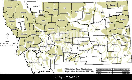 . Chronic Wasting Disease Management Plan für sich Reichen widllife in Montana. Hu-tdifthnli 7 ALlN1 Ich bin-1.1 lifeiiiBUcii MiiiÂ": &gt;Ith-I U-l hhbni. Ul-White-tailed Tau Verteilung (Bevölkerung E&amp; Timate = 237.725 J4 ote: rcEa DtTtutcn Tappno'^] lEtEâ.^i'ti^l'â Land: â ¢ v Lem * p DlBlrlbul: i-ztt^i=rs::: 12 - 1: "El Versuch K. B7C Insgesamt irsi: s;=! K^jjMTn^ wju â ir^irai'; Ptin WiJdlCiifc -&gt; lebensfähige Hirsche Bevölkerung gibt es in einigen Orten und nicht in anderen, entsprechend der Verteilung der Lebensraum von unterschiedlicher Qualität. Die Dynamik der Hirsche Bevölkerung laufend angepasst, wie die Umgebung fluct Stockfoto