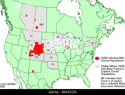 . Chronic Wasting Disease Management Plan für sich Reichen widllife in Montana. Karte Zuletzt Aktualisiert" - 6r "1f" MG5J CWD infizierten VWId Cervid Bevölkerungen Mitgliedstaaten Wenn* CWD Hut gefunden in Gefangenschaft Cervid Populationen wurde (#) Gibt die Gesamtanzahl der in Gefangenschaft gehaltenen Bestände infiziert. Viele wurden eliminiert. Abbildung 1. Verteilung von CWD in beide selbstsichernden und wilde Elche und Rehe Bevölkerungen wie 2004. (Von CWD Alliance Webseite, CWD-info.org) die Entdeckung von CWD sowohl in der Gefangenschaft der Industrie (Spiel Farmen) und im freien reichen Bevölkerung verursacht hat Sorge für die Teilnehmenden oder Regulierung der t Stockfoto