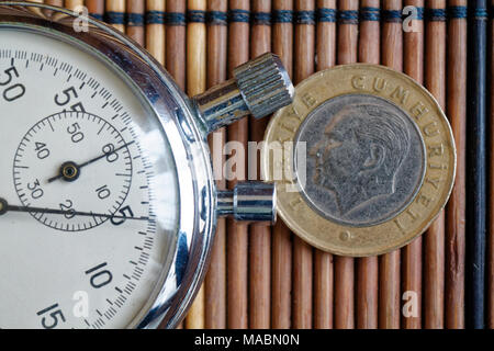 Türkische Münze mit einer Stückelung von 1 Lira und Stoppuhr auf dem Holztisch - Rückseite Stockfoto