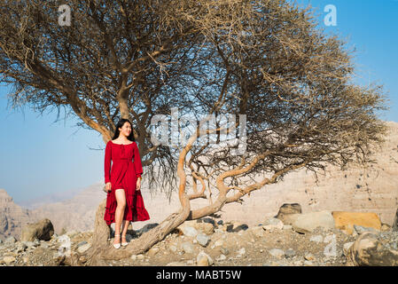 Schöne Mädchen im roten Kleid unten ein Baum in der Wüste Stockfoto