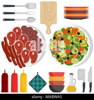 Grill Party Tools und Essen. Gegrilltes Fleisch, Steak, Wurst, Gemüse. Vector Illustration im flachen Stil Stock Vektor