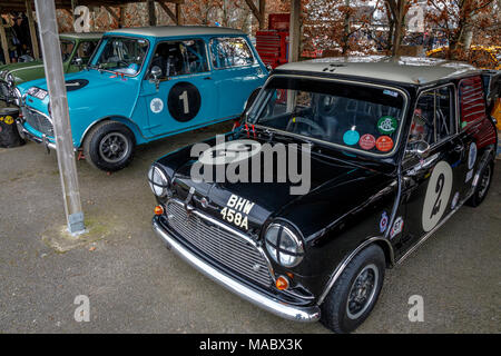 Zwei 1964 Austin Mini Cooper S Eintretende für Sears Trophy, im Fahrerlager am Goodwood 76th Mitgliederversammlung, Sussex, UK. Stockfoto