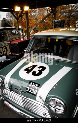 1964 Morris Mini Cooper S von Chris Middlehurst im Fahrerlager Garage vor dem Sears Trophy in Goodwood 76th Mitgliederversammlung, Sussex, UK. Stockfoto