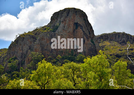 Jungfrau Rock bei springsure in Queensland, Australien, einer Felsformation mit einem Bildnis der Jungfrau Maria mit dem Kind in die Felswand Stockfoto