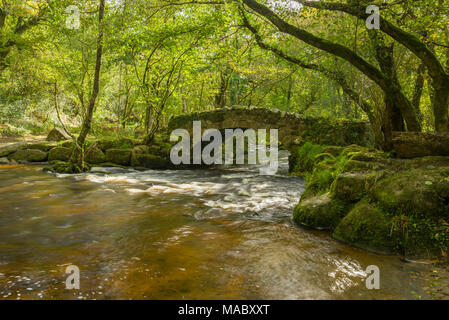 Hisley Brücke über den Fluss Bovey in Dartmoor National Park in der Nähe von Lustleigh, Devon, England. Stockfoto