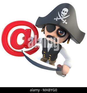 3D-Render eines lustigen Cartoon pirate captain Holding eine E-Mail-Adresse ein Symbol Stockfoto