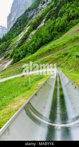 Die Pfingstegg Rodelbahn, Grindelwald, Berner Oberland, Eiger, die Berge waren auch Region, Schweiz, Familienurlaub, Familienurlaub Stockfoto