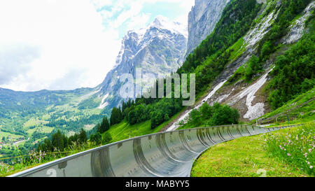 Die Pfingstegg Rodelbahn, Mountain Fun Aktivität, Eiger auf die Berge waren auch Region, Schweiz, Familienurlaub, Familienurlaub unbekannten Abgrund reise Postkarte Stockfoto