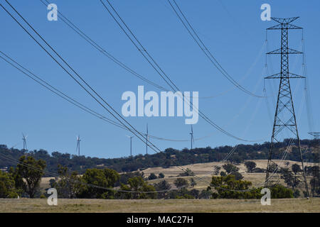 Strommasten und Windkraftanlagen in Inverell in New South Wales, Australien Stockfoto