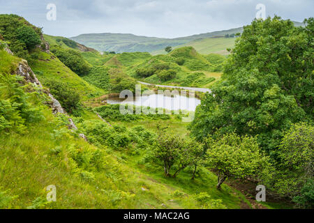 Die berühmten Fairy Glen, die in den Hügeln über dem Dorf von Uig auf der Isle of Skye in Schottland. Stockfoto