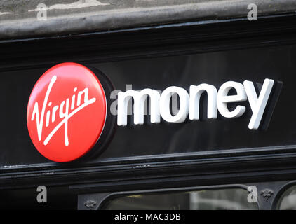 Virgin Money Bank unterzeichnen Logo. Stockfoto