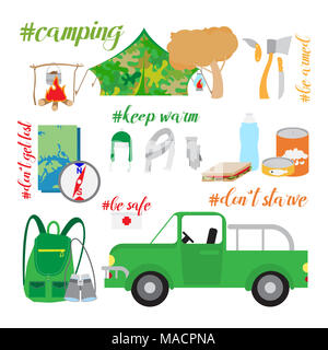 Tourismus und Camping icons detaillierte Vektor einrichten Stockfoto