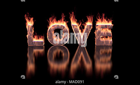 Liebe text Brennen im Feuer auf glänzende Oberfläche Stockfoto