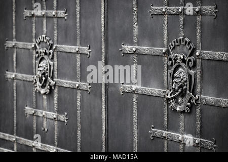 Details, Struktur und Ornamenten aus geschmiedetem Eisen Tor. Dekorative ornamen mit Löwen, aus Metall. Vintage metallischen Muster. Dekorative Elemente einer Stockfoto