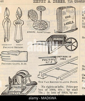 . Dreer die vierteljährlichen Großhandel Preis liste der gemüsesamen Blumensamen Blumenzwiebeln aquatics dekorativen Pflanzen schwer Pflanzen Werkzeuge implementiert, etc., etc.. Malte Pott und Baum Labels. Pro 1000. Pro 1000. SJinch $ .60 6 Zoll 1,25 $ SPARGEL BUNCHEH 4 keine Rechte oder Linke. Preis pro/Box von 1000, 60 C.; per Mail 75 C.; in vielen 50 C0, durch Ex-press, 55 c Pro 1000. Baum und Pflanze Wannen. Grün lackiert. Madeof White Cedar und mit zusätzlichem Eisen hoops gebunden. D rop-Griffe, Haken für die Polen. Eisernen Beine. Ich Abnehmbare pro-forated aufsitzt. Stockfoto