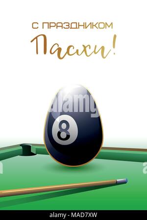 'Frohe Ostern' Skript in russischer Sprache. Sport Grußkarte. Eine realistische Easter Egg in Form einer Billardkugel. Billard und Dart c Stock Vektor