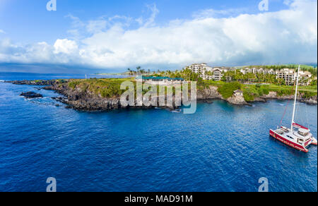 Ein Luftbild der Montage Resort Kapalua Bay, Cliff House und Hawea Point, Maui, Hawaii, USA. Stockfoto