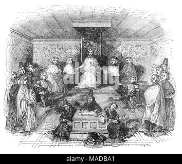 König Richard II (1367 - 1400) war ein Sohn von Edward der schwarze Prinz und König von England ab einem Alter von 10 Jahren 1377, bis er am 30. September 1399 von seinem Vetter Heinrich IV. abgesetzt wurde Er regierte in Konflikt mit dem Parlament; und einige der gegnerischen Barons in 1397. Andere, einschließlich seinem Cousin Henry Bolingbroke, Herzog von Hereford (später Heinrich IV.) wurden verbannt und sich selbst absolut gesetzt. 1399 Bolingbroke kehrte aus dem Exil eine Revolte zu führen; Richard II wurde vom Parlament entmachtet und in Pontefract Castle, wo er an Hunger starb im Gefängnis. Stockfoto