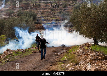 Bilin, Palästina, 31. Dezember 2010: Demonstranten stehen vor IDF Squad schießen Gas während der wöchentlichen Demonstrationen gegen palästinensischen Landes confiscat reißen Stockfoto