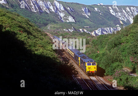 Ein paar der Klasse 50 Diesellokomotiven Nummern 50031 50049 'Haube' und 'Defiance' Arbeiten der Rückflug der Spurenleser "Garten von England" railtour durch Folkestone Warren am 12. Juli 2003. Stockfoto