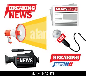 Journalist tools Sammlung mit Logo. Breaking News Konzept. Mikrofon, Kamera, Megaphon, Zeitung. Vector Illustration auf weißen backgrou isoliert Stock Vektor