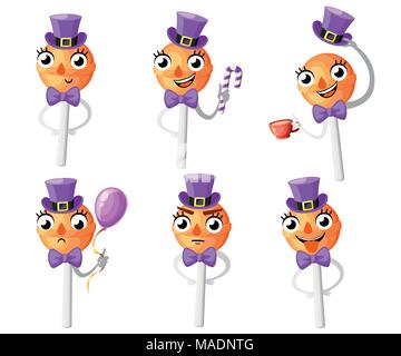 Satz von orange Lutscher. Cartoon Stil Charakter Design. Lollipop mit Hut und Fliege. Vector Illustration auf weißem Hintergrund. Website Pag Stock Vektor