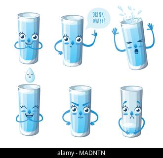 Set aus Glas mit Wasser. Cartoon Stil Charakter Design. Maskottchen mit unterschiedlichen Emotionen. Trinken Sie mehr Wasser. Vector Illustration auf weißen Hinterg isoliert Stock Vektor