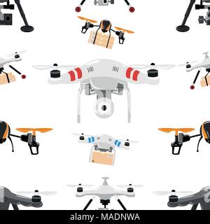 Nahtlose Muster auf quadrocopter. Die drohne schweben. Quadrocoptern Transporte Fracht und hält eine Kamera. Vector Illustration auf weißem Hintergrund. Web Stock Vektor