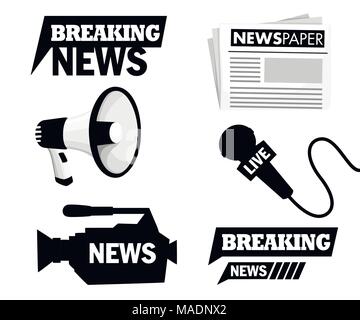 Journalist tools Sammlung mit Logo. Breaking News Konzept. Mikrofon, Kamera, Megaphon, Zeitung. Vector Illustration auf weißen backgrou isoliert Stock Vektor