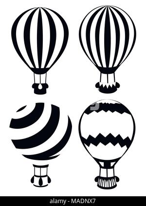 Einstellen der schwarzen und weißen Heißluftballons. Vier Ballons mit diffirent Muster. Vector Illustration auf weißem Hintergrund. Webseite und mobil Stock Vektor