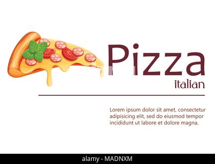 Stück Pizza. Pizza mit Tomaten, Käse, Salami und Oregano. Plakat für Design, Restaurant, Cafe, Pizzeria. Vector Illustration isoliert mit Platz Stock Vektor