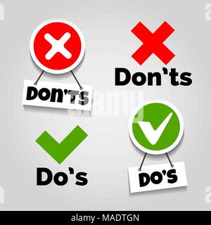 Tun und nicht Symbole. Tun Empfehlung und Fehler Farbe Zeichen mit Textfeld für Leitlinien, Tests und die Rechte der Verbraucher Vector Illustration Stock Vektor