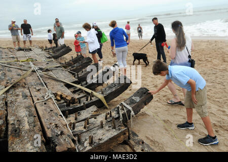 März 30, 2018-Ponte Vedra Beach, Florida, United States-neugierigen Blick ein Schiffswrack, das am 28. März 2018 nach dem Landgang aus Ponte Vedra Beach in Florida gewaschen entdeckt wurde. Ein Team aus der St. Augustine Leuchtturm archäologische Maritime Programm ist der Prüfung und Messung der 48-Fuß-langen hölzernen Überreste, die geglaubt werden, von einem Handelsschiff, dass Ladung entlang der Atlantikküste der USA während Anfang bis Mitte der 1800er transportiert zu haben. (Paul Hennessy/Alamy) Stockfoto