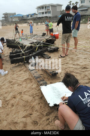 März 30, 2018-Ponte Vedra Beach, Florida, United States - Archäologe Allyson Ropp macht Zeichnungen von einem Schiffswrack, dass am 28. März 2018 nach dem Landgang aus Ponte Vedra Beach in Florida gewaschen entdeckt wurde. Ein Team aus der St. Augustine Leuchtturm archäologische Maritime Programm ist der Prüfung und Messung der 48-Fuß-langen hölzernen Überreste, die geglaubt werden, von einem Handelsschiff, dass Ladung entlang der Atlantikküste der USA während Anfang bis Mitte der 1800er transportiert zu haben. (Paul Hennessy/Alamy) Stockfoto