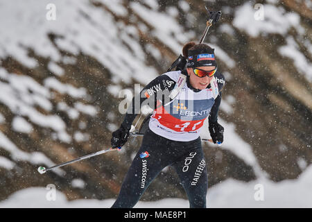 Lenzerheide, Schweiz, 1. April 2018. Selina Gasparin während der Frauen Massenstart in der Schweizerischen und belgischen Nationalen Biathlon Meisterschaften Credit: Rolf Simeon/Alamy leben Nachrichten Stockfoto