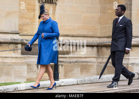 Windsor, Großbritannien. Der 1. April 2018. Zara Tindall kommt der Ostersonntag Service in der St. George's Chapel in Windsor Castle zu besuchen. Credit: Mark Kerrison/Alamy leben Nachrichten Stockfoto