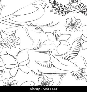 Hintergrund empfindliche Vögel und Blumen Lilien und Rosen Vector Illustration Stock Vektor