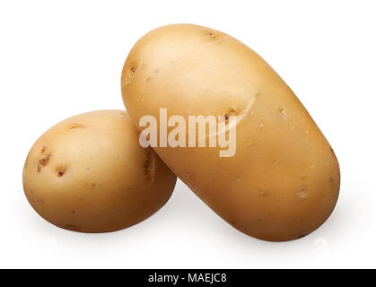 Zwei ganze Frische ungeschälte Kartoffeln auf weißem Hintergrund Stockfoto