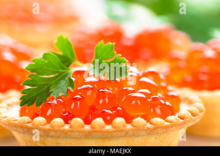 Törtchen mit roten Lachs Fisch, Kaviar, Lachs Kaviar. Kaviar Stockfoto