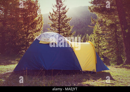 Verschiedene touristische Zelte platziert draußen im Wald. Camping Touristen auf dem Hintergrund von Pinien in den Wald. Touristische Romantik. Altai Gebirge R Stockfoto