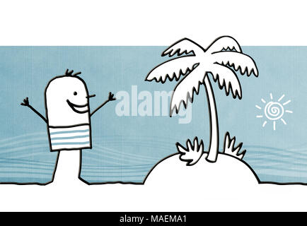 Cartoon glücklicher Mann mit Palm Tree Island Stockfoto