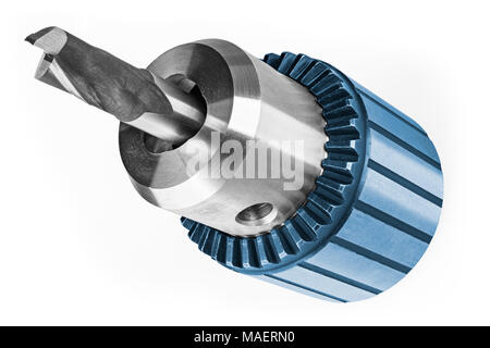 Vhm-Schaftfräser in Chuck auf weißem Hintergrund gespannt. Close-up dekorative Stahl Cutter für das Fräsen. Idee der Metallverarbeitung und Maschinenbau. Stockfoto