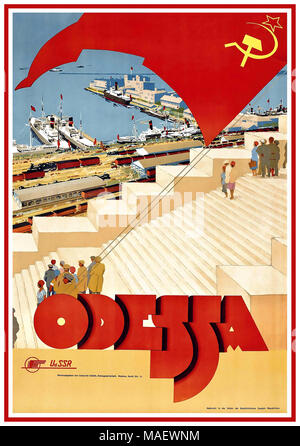 ODESSA 1930er Jahre Vintage UKRAINE Russian RUSSIA Travel Poster Odessa UdSSR Sowjetunion ein frühsowjetisches Intourist-Poster, das eine realistische Landschaft des Hafens von Odessa und der Bahnhöfe mit stilisierter Typografie kombiniert. Die Odessa-Stufen, die nach der berühmten Szene in Sergei Eisentsteins Film Battleship Potemkin Weltruhm erlangten, wurden zwischen 1837 und 1841 errichtet. Die Stufen verbinden den berühmten Hafen mit der Stadt selbst und sind die bemerkenswertesten Wahrzeichen Odessas. Stockfoto